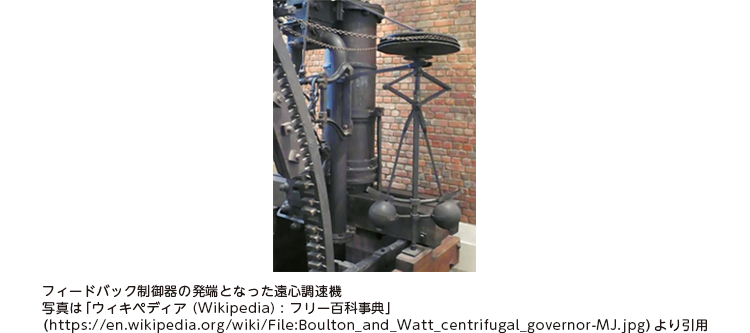 フィードバック制御器の発端となった遠心調速機　写真は「ウィキペディア (Wikipedia) : フリー百科事典」（https://en.wikipedia.org/wiki/File:Boulton_and_Watt_centrifugal_governor-MJ.jpg）より引用