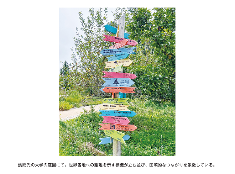 訪問先の大学の庭園にて。世界各地への距離を示す標識が立ち並び、国際的なつながりを象徴している。 訪問先の大学の庭園にて。世界各地への距離を示す標識が立ち並び、国際的なつながりを象徴している。