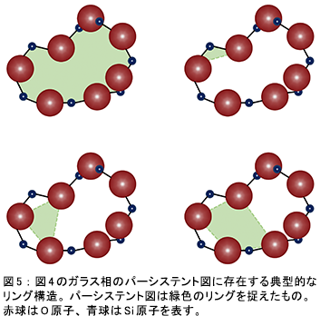 図5：図4のガラス相のパーシステント図に存在する典型的なリング構造。パーシステント図は緑色のリングを捉えたもの。赤球はO原子、青球はSi原子を表す。