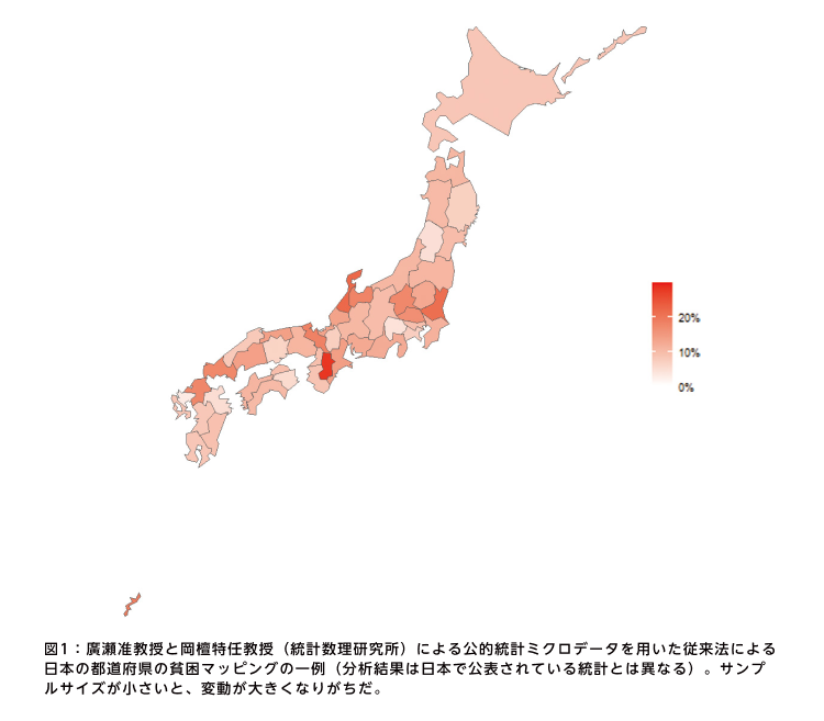 図1：廣瀬准教授と岡檀特任教授（統計数理研究所）による公的統計ミクロデータを用いた従来法による日本の都道府県の貧困マッピングの一例（分析結果は日本で公表されている統計とは異なる）。サンプルサイズが小さいと、変動が大きくなりがちだ。