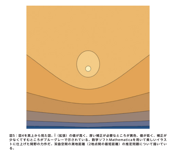 図5：図4を真上から見た図。l̃（拡張）の値が高く、厚い補正が必要なところが黄色、値が低く、補正が少なくてすむところがブルーグレーで示されている。数学ソフトMathematicaを用いて美しいイラストに仕上げた間野の力作だ。双曲空間の測地距離（2地点間の最短距離）の推定問題について描いている。
