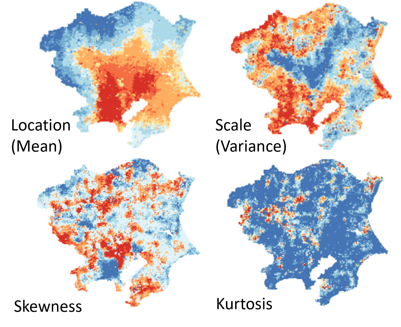 関東地方における地表面温度の
平均、分散、歪度、尖度の推定結果